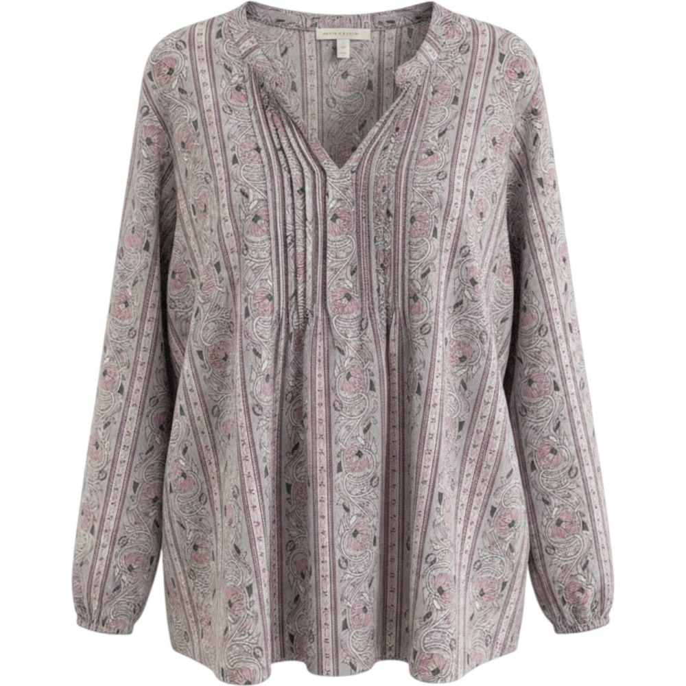 Pure Jill Tunic Blouse Women Large Gray‎ Pink Floral Organic Cotton Boho Peasant
